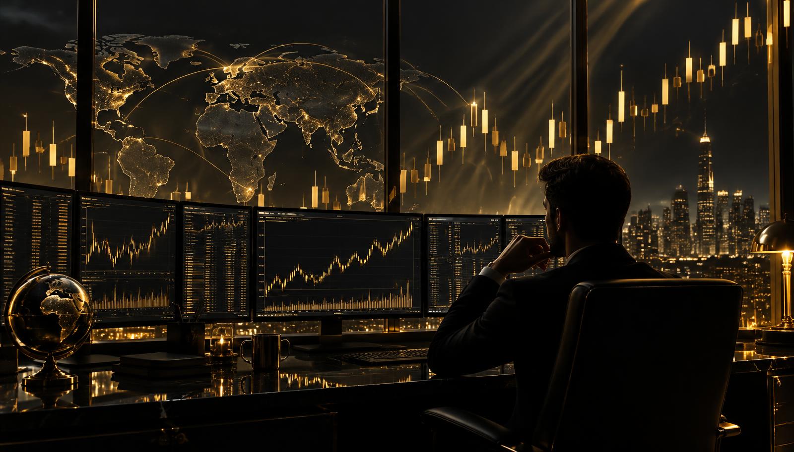 Futures trading desk at night with gold candlestick charts
